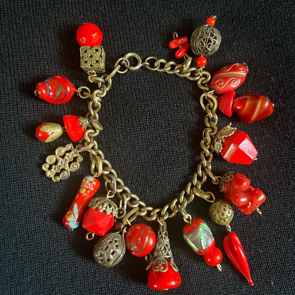 Vintage Antique Art Deco Red Charms bracelet